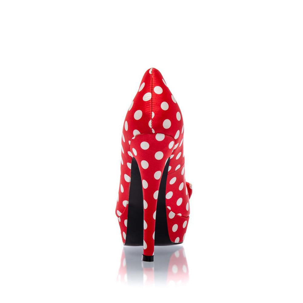 Belsira Retro Pumps Rot mit wießen Punkten mit Plateau, bezogen mit Stoff in Satinoptik, aufgesetztes Schleifchen, leicht gepolsterte Innensohle, 13 cm Absatzhöhe , 3 cm Plateauhöhe