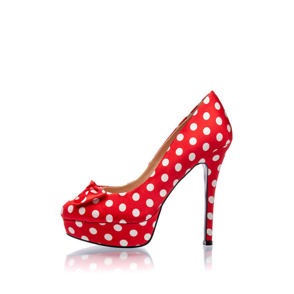 Belsira Retro Pumps Rot mit wießen Punkten mit Plateau, bezogen mit Stoff in Satinoptik, aufgesetztes Schleifchen, leicht gepolsterte Innensohle, 13 cm Absatzhöhe , 3 cm Plateauhöhe