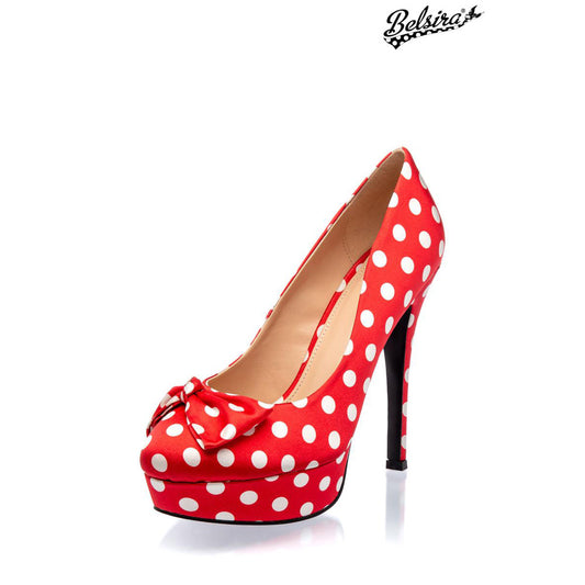 Belsira Retro Pumps Rot mit wießen Punkten mit Plateau, bezogen mit Stoff in Satinoptik, aufgesetztes Schleifchen, leicht gepolsterte Innensohle, 13 cm Absatzhöhe , 3 cm Plateauhöhe 