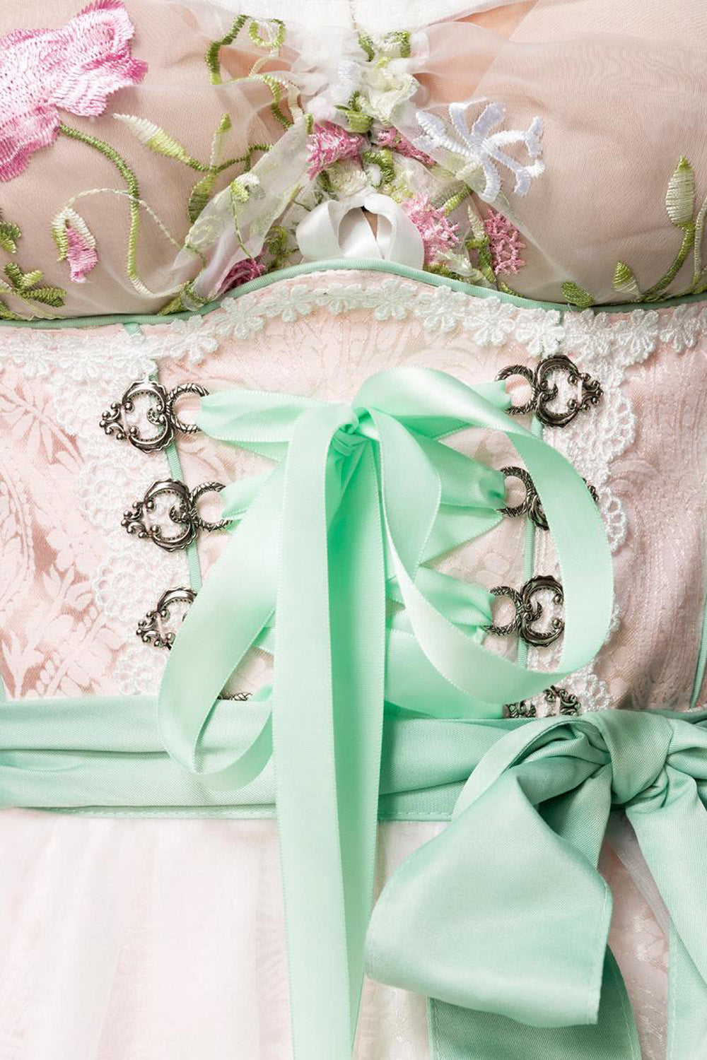 Dirndline Mini Brokat Dirndl Türkis-Rosa