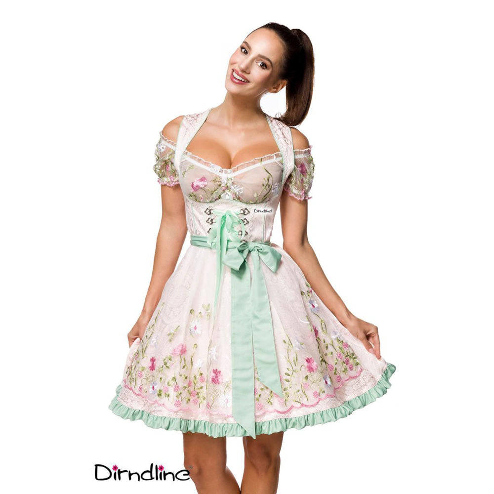 Dirndline Mini Brokat Dirndl Türkis-Rosa